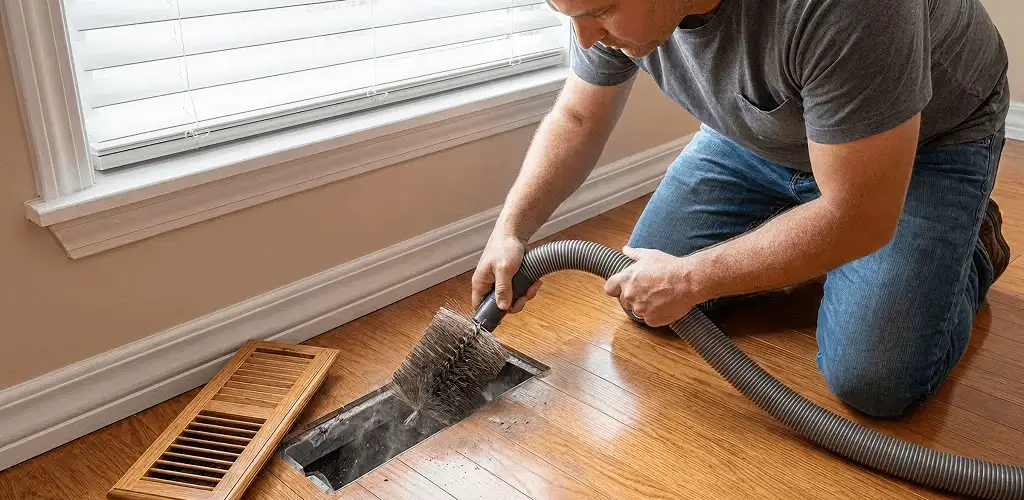 Air duct cleaning technician vacuuming a floor vent and duct opening in Savannah, GA