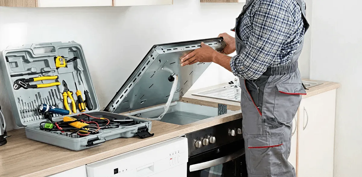 Handyman repairing a cooktop and checking wiring connections in Savannah, GA