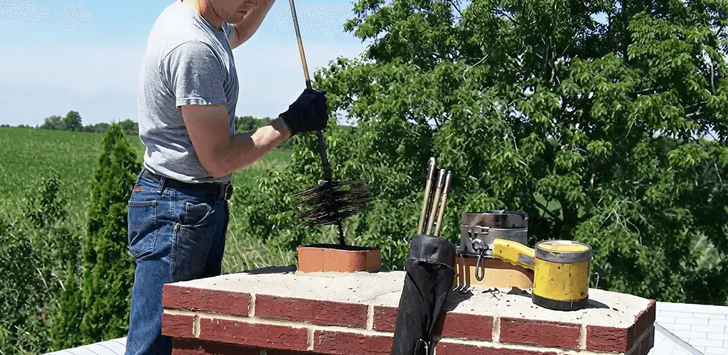 Chimney cleaning technician working on a rooftop chimney with professional tools in Savannah, GA