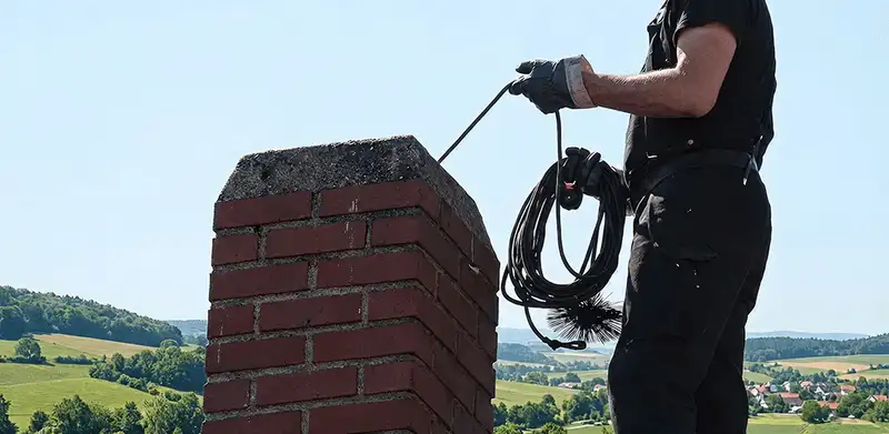 Chimney sweep inspecting and cleaning a rooftop chimney in Savannah, GA