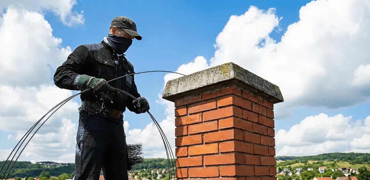 Chimney sweep cleaning a brick chimney with professional tools in Savannah, GA