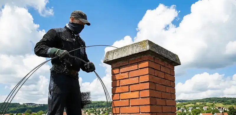 Chimney sweep cleaning a brick chimney with professional tools in Savannah, GA