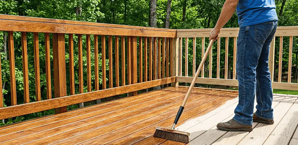Deck staining and sealing application on a wood deck in Savannah, GA
