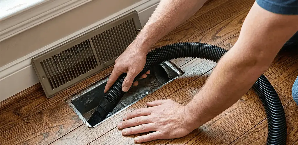 Air duct cleaning technician vacuuming a floor register and duct opening in Savannah, GA