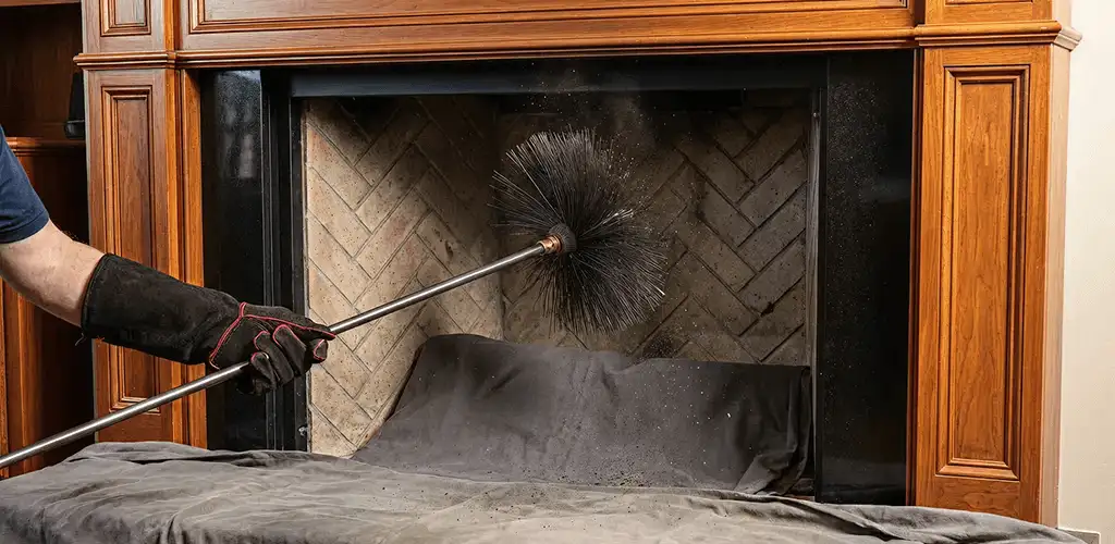 Chimney cleaning service brushing soot from a fireplace and flue in Savannah, GA