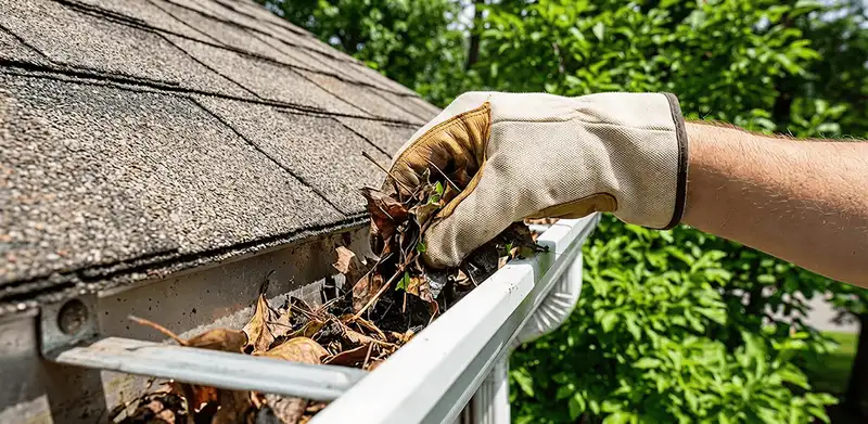 Gutter cleaning removing leaves and debris from roof gutters in Savannah, GA