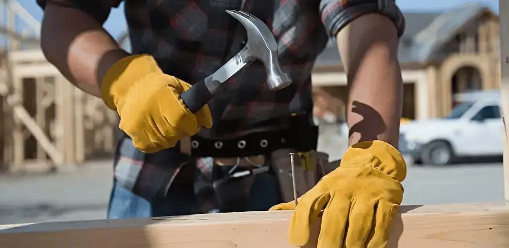 Handyman fixing wood trim with a hammer for home repairs in Savannah, GA