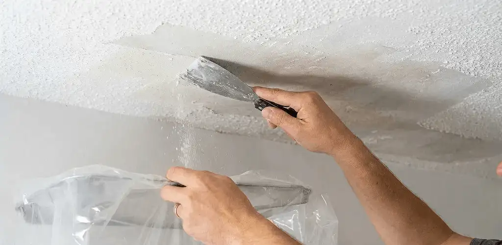 Popcorn ceiling removal technician scraping texture from a ceiling in Savannah, GA