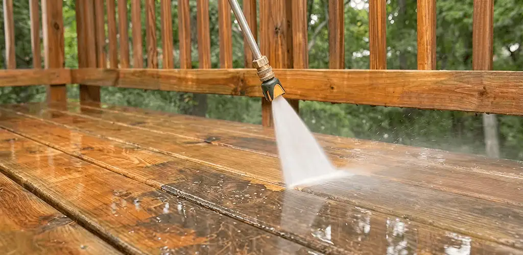 Pressure washing a wood deck to remove dirt and buildup in Savannah, GA