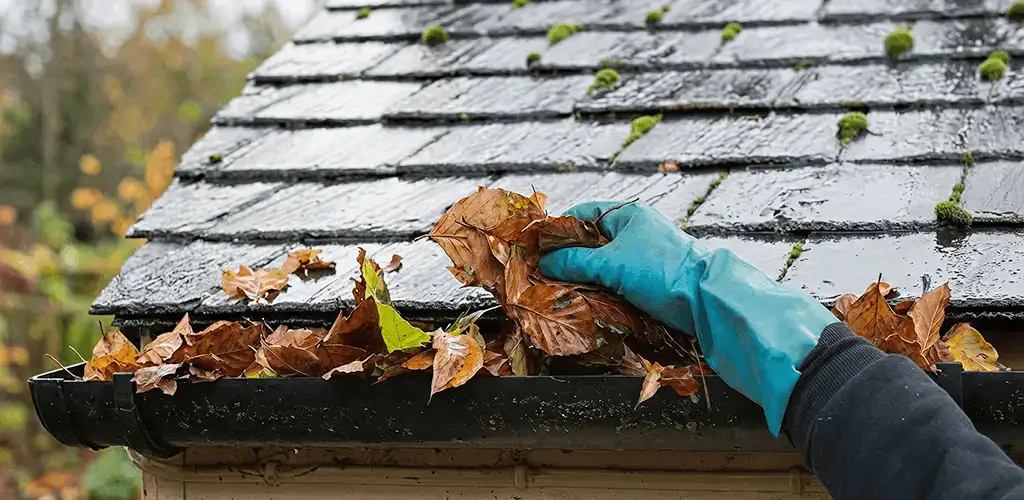 Gutter cleaning technician clearing wet leaves from roof gutters in Savannah, GA