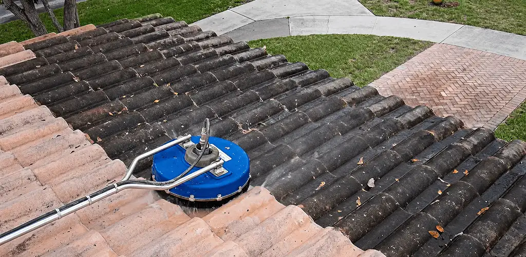 Roof pressure cleaning removing debris and buildup from roof tiles in Savannah, GA