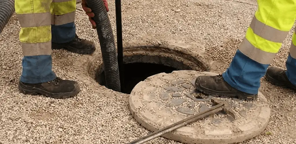 Drain cleaning crew clearing a sewer access point with professional equipment in Savannah, GA