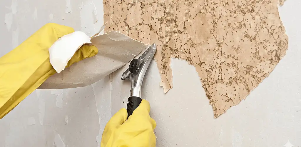Wallpaper removal service stripping old wallpaper from a wall in Savannah, GA