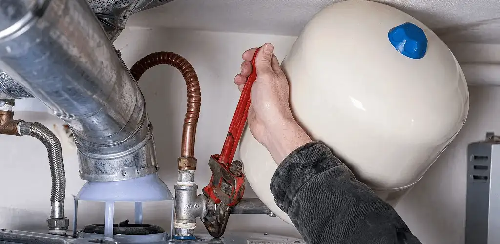 Water heater repair technician tightening plumbing connections near a tank unit in Savannah, GA